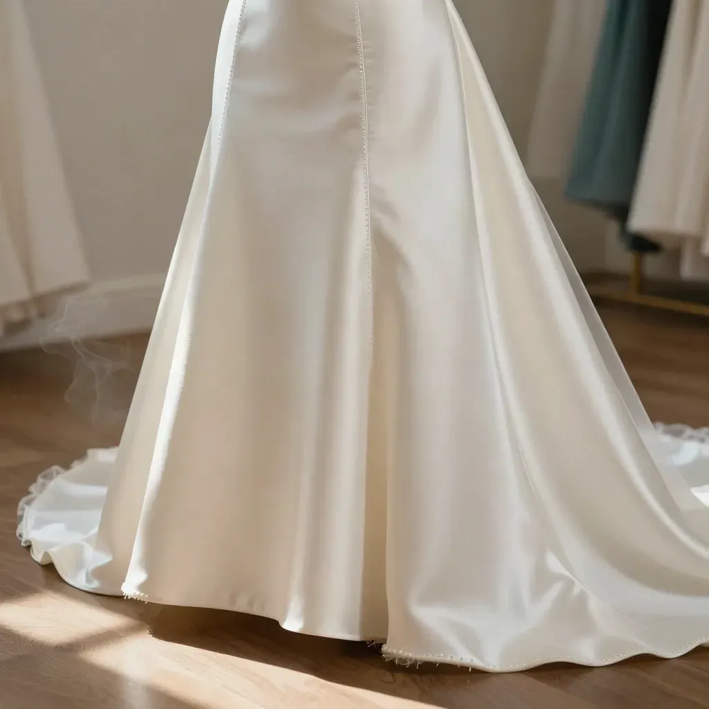 Macro of an ivory bridal dress on a form, hem finished and bodice shaped in warm light.