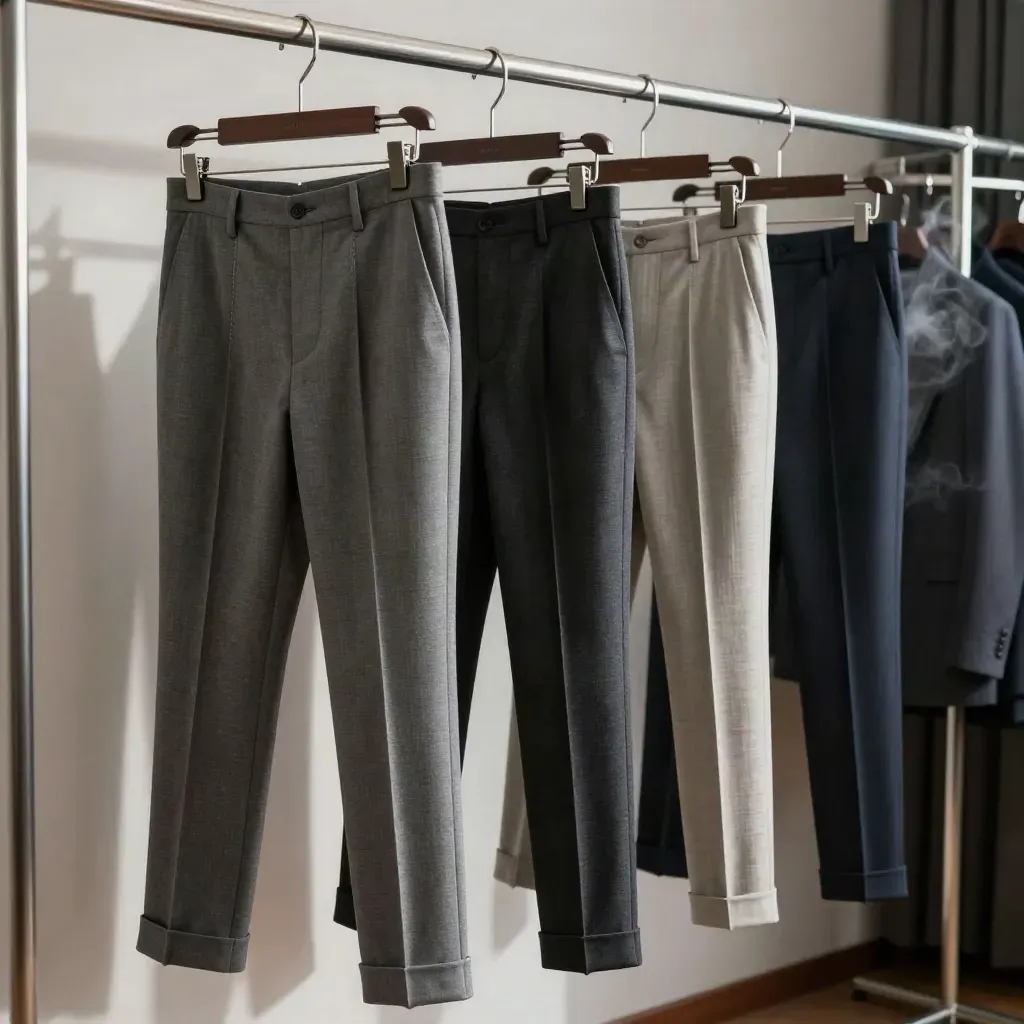 Three pressed suit trousers hang on a rail, ready for Monday in a quiet tailoring workshop.