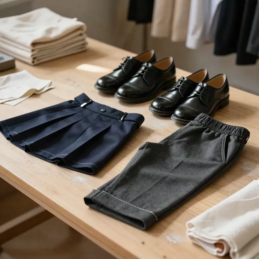 Folded school uniforms and polished black shoes on a tailor's bench, ready for term start.