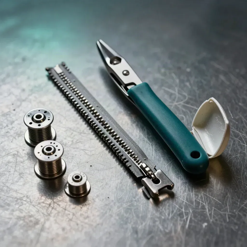 Zip teeth, seam ripper, bobbins and needle case arranged on brushed metal