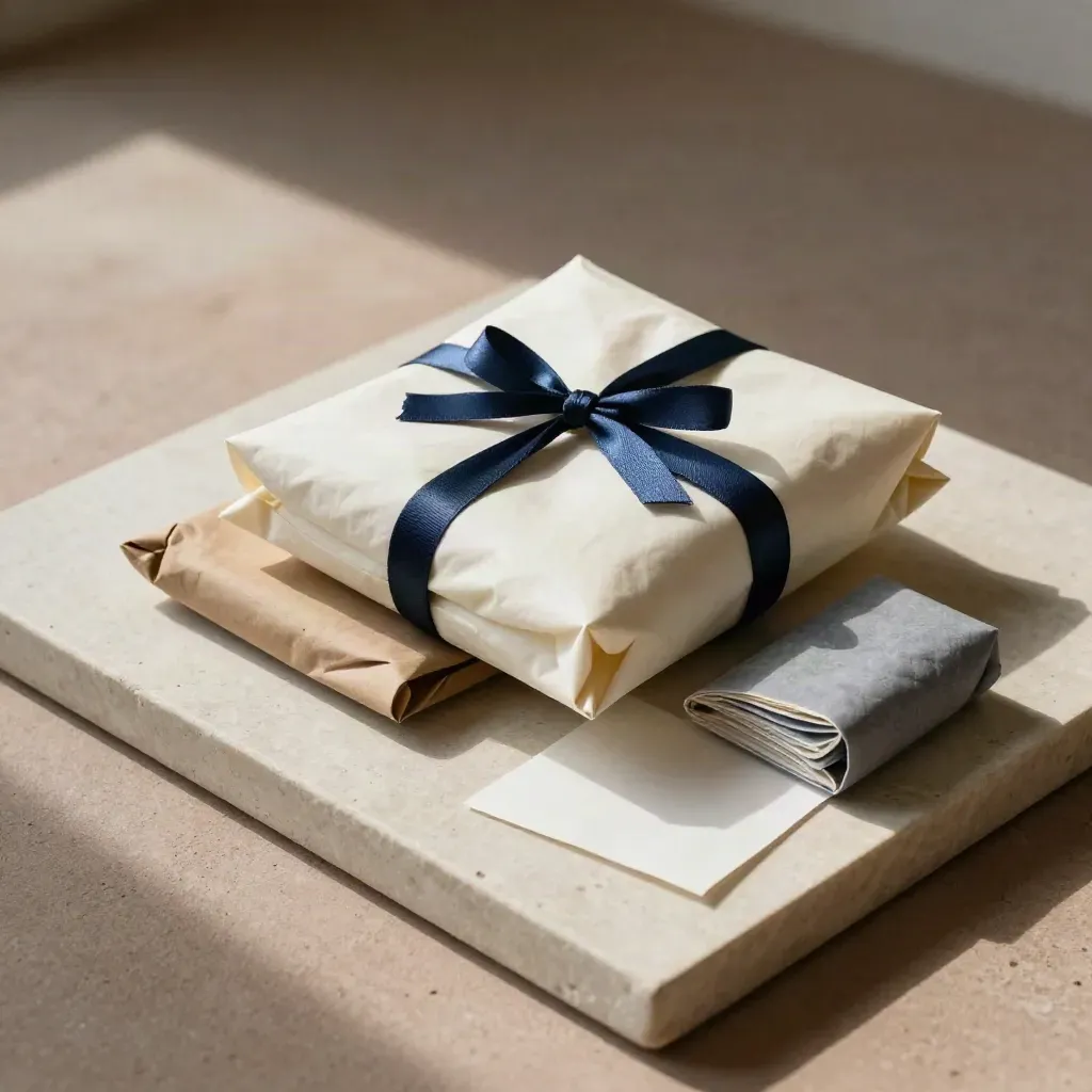 Top-down kraft parcel with tissue, twine and a navy ribbon on a pale stone tray