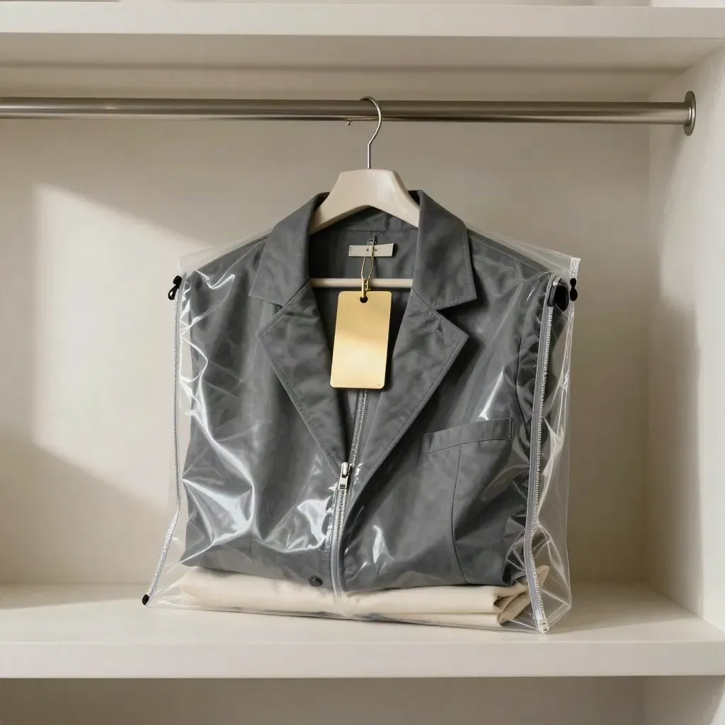 Clear garment bag with a pressed jacket, brass pick-up tag, and shelf detail.
