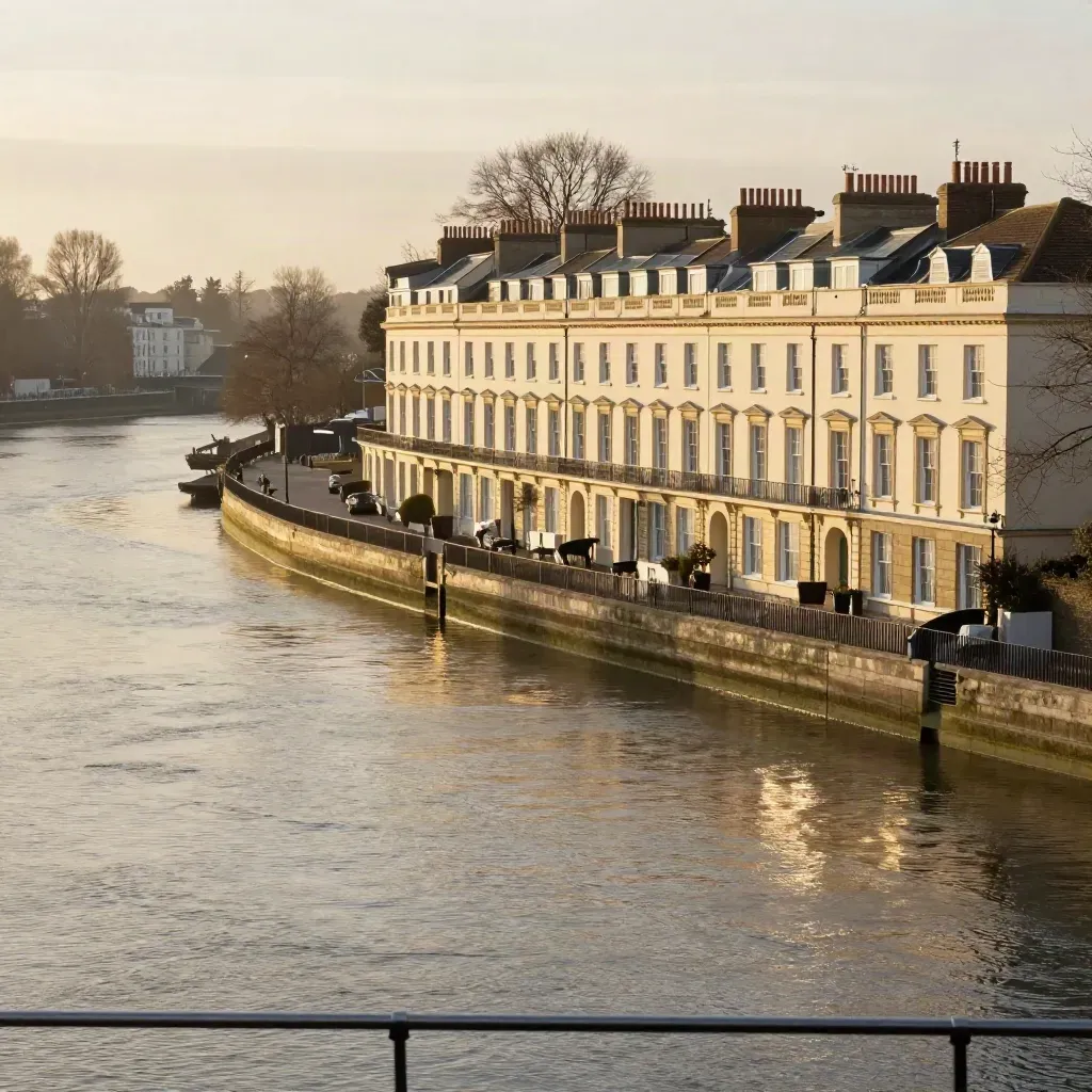 Golden-hour view of West London terraces and the Thames near Hammersmith.
